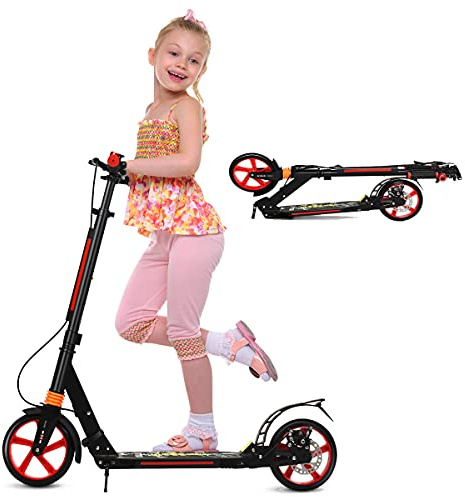 RELAX4LIFE Kickscooter Klappbar & Höhenverstellbar, Cityroller mit Klingel & Ständer, Scooter mit Doppelfederung & Traggurt, Tretroller bis 100kg belastbar, für Kinder & Erwachense, PU Räder (Schwarz)