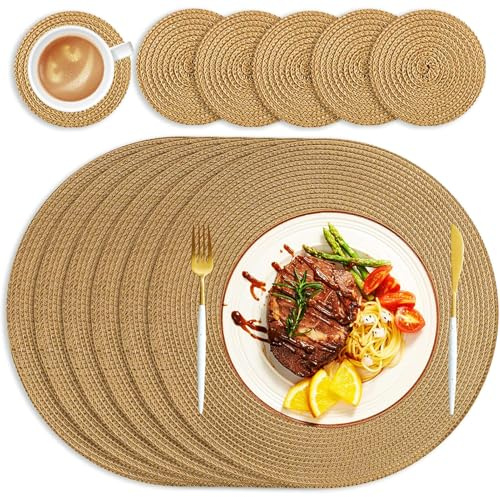 wiipara Round Woven Placemats Set of 6 Heat Resistant Round Braided Table Mats, 34 cm Washable Table Placemats and Coaster Sets for Dining Kitchen, Party, Wedding (Golden Brown)