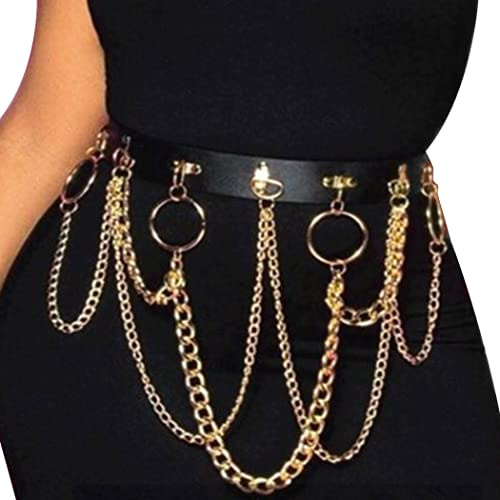 BODIY Black Leather Waist Chain Belt Gold Body Chain Punk Rave Accessories Fashion Body Jewelry for Women