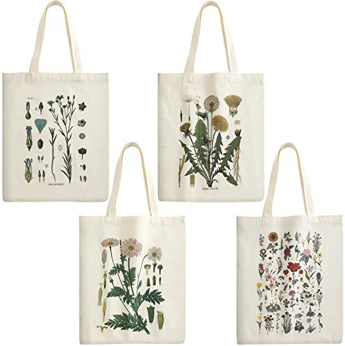 4 Pieces Floral Canvas Tote Bag for Women Book Club Gifts Cute Aesthetic Canvas Bags Bulk Flower Reusable Grocery Shopping Bag Aesthetic for Women