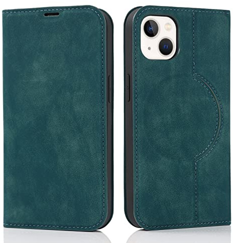QLTYPRI Hülle für iPhone 13 Kompatibel mit MagSafe, Ledertasche Handyhülle [RFID Schutz] Flip Case mit Kartenhalter Ständer Magnet Klapphülle für iPhone 13 - Dunkelgrün