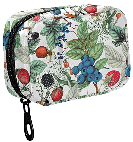 Fustylead Handbemalte Beeren-Pflanzen-Reise-Pillendose mit Reißverschluss, wöchentliche Pillendose mit 8 Fächern, 7 Tage, persönliche Pillentasche, Geldbörse, Medizinkoffer, Organizer