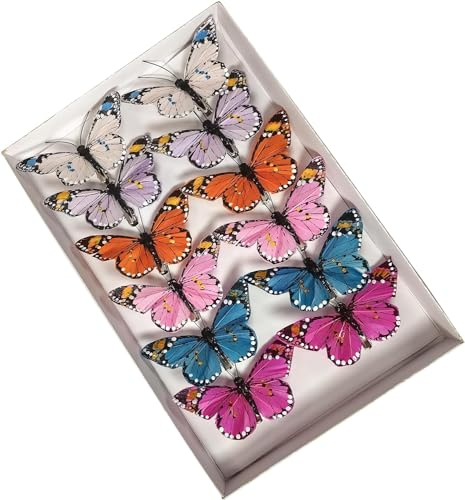 YCHTEWY-Feather Butterfly Decorations Set of 12 Vibrant Multi Colored Craft Butterflies on Clip .Party Spring Home Decor Floral Pics…