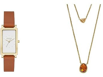 Skagen Hagen Damenuhr und Mehrstrang-Halskette - Dreizeigerwerk, Gold-Edelstahl-Uhr und Seeglas-Honey Glass-Halskette