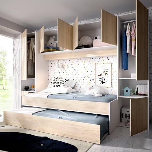 Dmora - Letto per bambini Venturosa, Cameretta completa con armadio a ponte e cassettone, Composizione con letto e lettino singolo estraibile, 303x97h203 cm, Rovere e Bianco