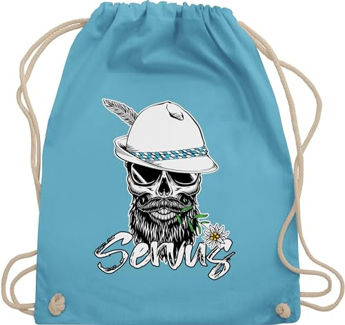 Turnbeutel Rucksack - Kompatibel mit Oktoberfest Tasche - Servus Totenkopf Skull Bayrisch - Unisize - Hellblau - trachtenrucksack bayrische taschen trachtentaschen bayern beutel oktoberfest-tasche