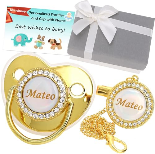 Munchewy Personalisierter Schnuller und Clip mit Geschenkbox, Grußkarte, glitzernder Kristall, luxuriöses Schnullergeschenk für Jungen, Mädchen, Babyparty, Neugeborene, Fotografie (Gold) AM-2090