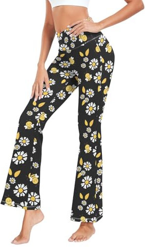 Fustylead Flying Bees and Daisy Flower Damen Casual Bootleg Yogahose Hohe Taille Glockenhose, Schwarz , L