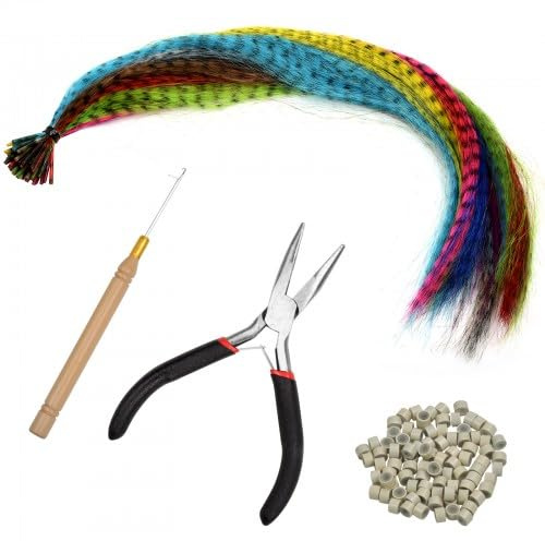 50 Stück Federhaarverlängerungs-Set, Bunte Kunstfeder-Haarverlängerungen, Farbiger Haarverlängerung Clips, Synthetisch Haarsträhnen Extensions Strähnchen mit 100 Silikonring, Zange und Häkelnadel