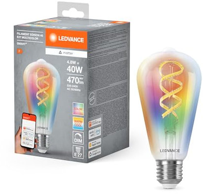 Ledvance SMART+ MATTER LED-Lampe, kompatibel mit Google, Alexa, Apple, Weißglas, 4,8W, 470lm, E27, Farblicht & Weißlicht, App- oder Sprachsteuerung, bis zu 15.000 Std. Lebensdauer, single pack