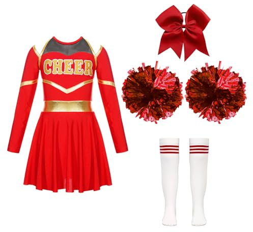 Agoky Enfant Fille Déguisement Pom Pom Girl Uniforme Pom-pom Girl Cheerleading Ensemble Robe Chaussettes Et Pompons Costume Carnaval Halloween A Rouge A 11-12 ans