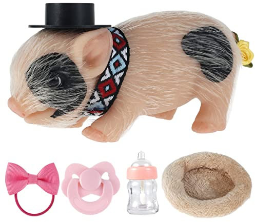 6-Inch Silicone Pig Doll Toy - Mini Soft Lifelike Cute Miniature Reborn Animal Toy With Full Body and Accessories for Kids Home Decoration (01)