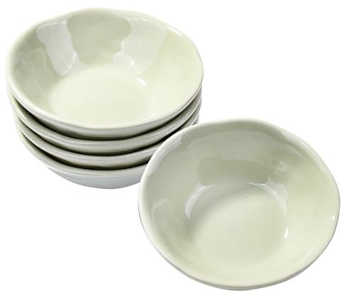BOSILI Ceramic Dipping Bowls Set of 5, 3.85 Small Light Green Sauce Dishes for Sushi & Soy Sauce, Irregular Petal Porcelain Mini Snack Bowls for Seasoning, Dishwasher Safe, Minimalist