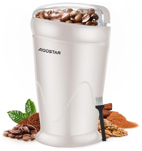 Aigostar Molinillo de Café Eléctrico con Cuchillas Acero Inoxidable, Molinillos de Especias Semillas, Capacidad 60gr con Cepillo para Limpieza, Molinillo Cafe Electrico Portátil, 150 W, Blanco Lechoso