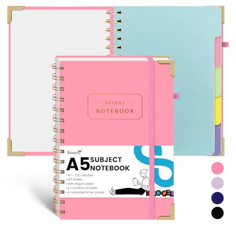 Koogel Hardcover-Spiralbuch mit Tabs, 5 Fächer, Kompositions-Notizbuch, 14 x 20 cm, liniert, Tagebücher mit Trennblättern, Rosa, für Frauen, Geschenk, Büro, Schule