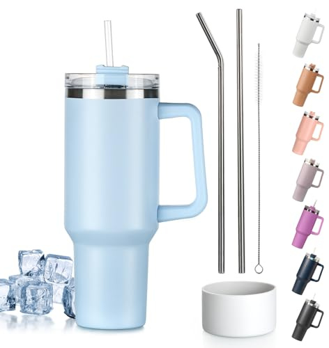 Tuocal 40oz Tumbler with Straw Lid and Handle + 2 Stainless Steel Straws + Silicone Boot, 1180 ml Double Wall Vacuum Insulated Cup, Car Coffee Mug, Travel Water Bottle for Hot Iced Coffee, Light Blue