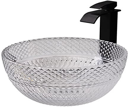 Glas-Waschbecken, rundes Badezimmer-Waschbecken, künstlerisches, durchscheinendes Waschbecken, Aufsatz-Waschtisch-Waschbecken mit Pop-Up-Ablauf, Montagering (Waschbecken mit schwarzem Wasserhahn)