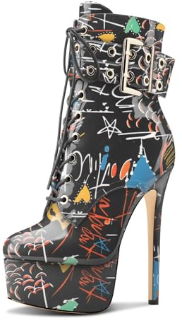 Aachcol Mujer Aguja Alto High Heel Plataforma Botines Redonda Punta Cordones Cremallera Caña Media Cierre con Hebilla Dress Botas Garabato Negro 39 EU