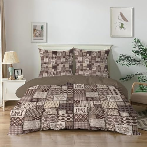 dyausi Copripiumino Singolo, Marrone Plaid Patchwork Set Copripiumino Singolo, Biancheria da Letto con Stampa Digitale, Microfibra Copripiumino 135x200 con Chiusura Lampo e 2 Federa 50x80