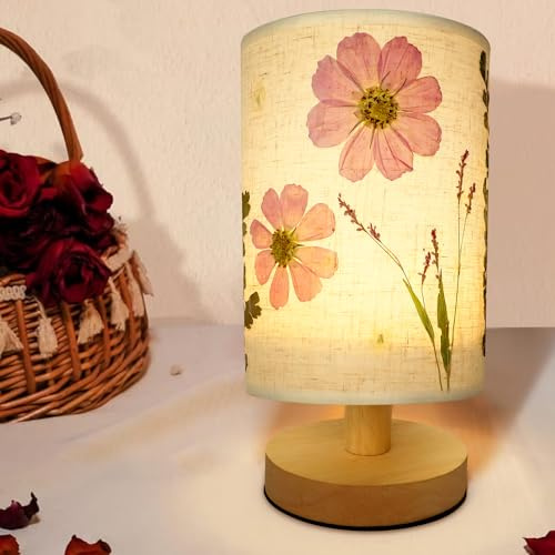 himmel Getrocknete Blumen Tischlampe 5W LED 3 Farbe gepresste Blume Nachttischlampe Leinen Schatten Tischleuchte mit Holzbasis für Schlafzimmer Wohnzimmer Schreibtisch Büro