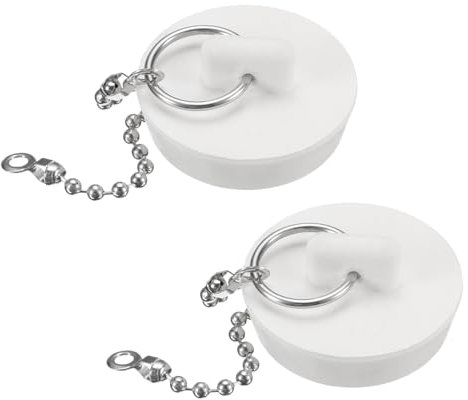 Sourcing Map 2 Pcs White Rubber Bathtub Stoppers, 1-3/8 Kitchen Sink Drain Stopper, Bathroom Drain Plug with Pull Ring and 15 Beaded Chain