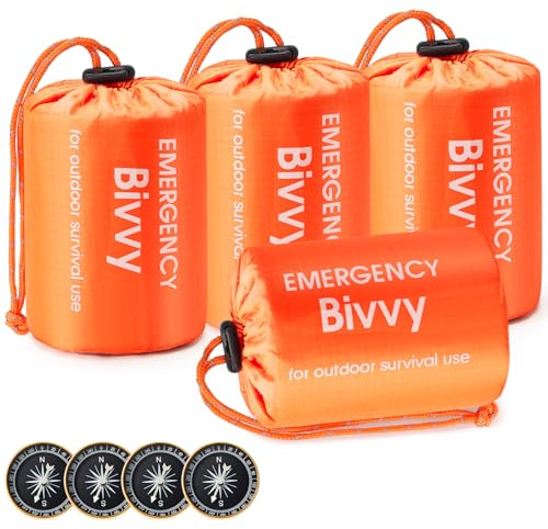 Esky Saco de Dormir de Emergencia, Paquete de 4 Bolsas térmicas portátiles, Impermeables, Ligeras, Equipo de Supervivencia con brújula y Silbato para Camping, Senderismo, Aventura al Aire Libre
