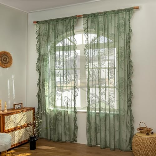 LOHUT 260 cm Lange salbeigrüne Spitzenvorhänge für Schlafzimmer, 2 Paneele Set, Vintage Boho-Vorhänge mit floraler Stickerei, gerüschte Fensterbehandlung, Stangentasche, 132 x 260 cm, Salbeigrün
