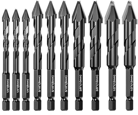 Juego de 10 brocas para azulejos, vástago hexagonal 1/4, broca para hormigón, punta de carburo de tungsteno de alta resistencia, para porcelana, vidrio, ladrillo, cemento, madera