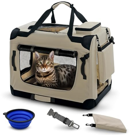 PET VIOLET Hundebox Hundetransportbox faltbar & robust für Auto & Reise – 50×34×36 cm – atmungsaktive Transportbox Transporttasche für Hunde & Katzen Stoffbox Tragetasche Beige