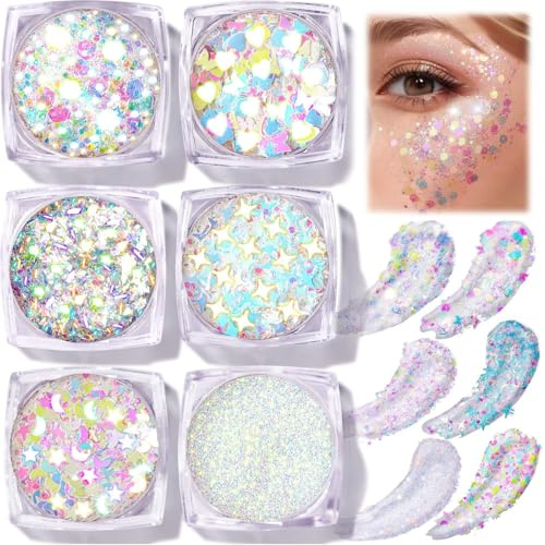 Lilbitty Set med 6 glittergeler för ansikte och kropp, gnistrande glitter för smink, hår och hantverk, silver och guld