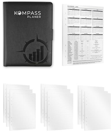 KOMPASS® Ringbuch A5 Nachfüllbar | Notiz-Set inkl. 275 Einlagen | Notizbuch Nachfüllbar Ringordner A5 Binder inkl. Notizen, To-Do-Liste, Linierte, Karierte & Gepunktete DIN Papier