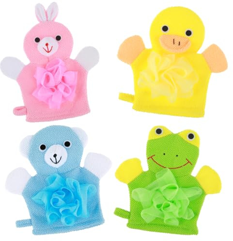 Dimeho Lot de 4 gants de bain exfoliants en luffa pour enfants - Gants de bain exfoliants pour le corps - Balles de douche - Facile à mousser - Joli motif animal coloré