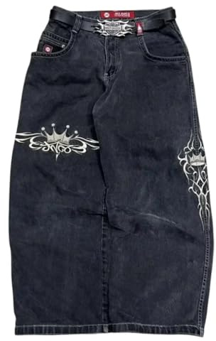 ORANDESIGNE Homme Jeans Baggy Taille Basse Unisexe Pantalon Cargo Décontracté Imprimé Hippie Denim Noir XS