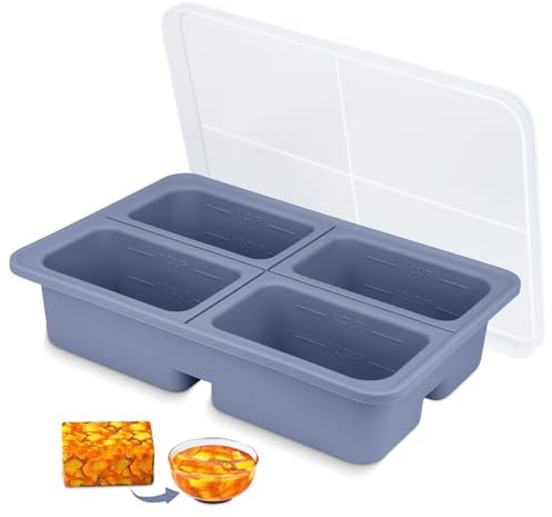 Soup Freezer Containers with Lid 4 Compartments, 1 cup and ½ cup Container | Extra Large Silicone Food Storage Trays for Freezing, BPA Free, Microwavable, Ice Cube Moulds for Prep Meal, Sauce, Ice Cream