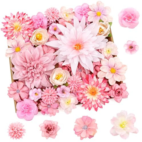 Yueshop 50PCS Artificial Flowers for Decoration, Flower Cake Decorations, Silk Flowers, Decorative Artificial Flower Heads, Fake Flowers Bulk Mix for Hair Wedding Party Wall Home Decor DIY