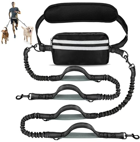 Exquilnova Hundeleine mit Hüfttasche, doppelte Hundeleine mit reflektierenden Nähten, verstellbarer Hüftgurt, Laufgürtel für mittelgroße und große Hunde, Laufen, Walking, Joggen, Wandern (für 2 Hunde)