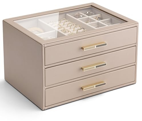 Vlando Portagioie a 3 strati da donna, coperchio in vetro, organizer per gioielli con 3 cassetti per collane, anelli, orecchini, bracciali, colore: caramello