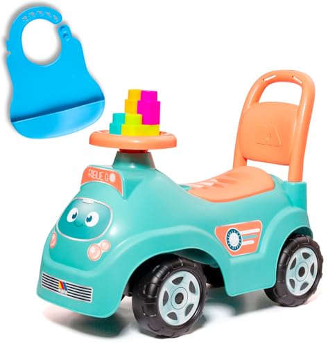 MOLTÓ Riblie Go Lauflernhilfe blau mit 10 Blöcken + Lätzchen aus Silikon, 2-in-1 Lauflernwagen und Läufer für Babys, stimuliert Motorik und Autonomie, von 10 bis 36 Monaten