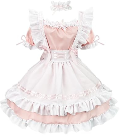 Generisch Vestido de criada francesa de anime, bonito vestido de cosplay, uniforme de anime, manga, disfraz de Lolita, con sombrero, vestido largo hasta la rodilla para carnaval, fiesta temática, Rosa