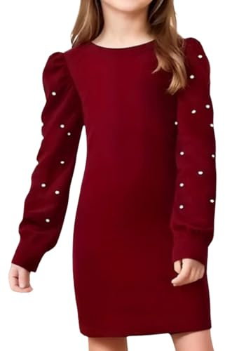 Momkonzz Girls Christmas Dress for Kids Xmas Party Dress Long Puff Sleeve Fitted Bodycon with Pearls Size 7-13T