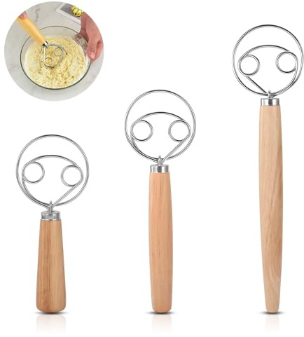 3 Piezas Batidor de Masa Danesa,Datidor Manual,Batidor de Masa con Mango de Madera de Diferentes Tamaños, Ideal para Preparar pan, Pasteles y Otros Productos de Panadería