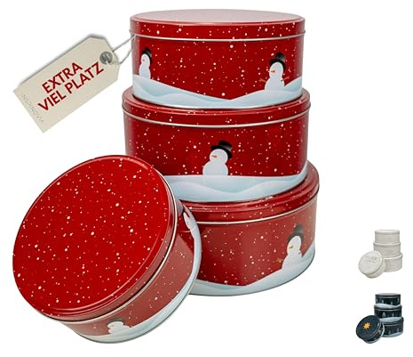 INSPINOVIA Keksdosen 4er Set | Ideal für Weihnachtsplätzchen & andere Leckereien | 4 Größen im Set | Extra große Gebäck- & Aufbewahrungsdosen in bezaubernden Designs (Schneemann)