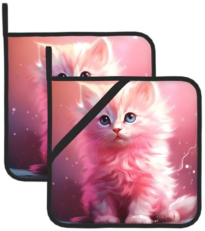 Simpatico piccolo gatto rosa stampa presine resistenti al calore (set di due) 20,3 x 20,3 cm: tessuti di qualità, anti-scottatura e facile da pulire
