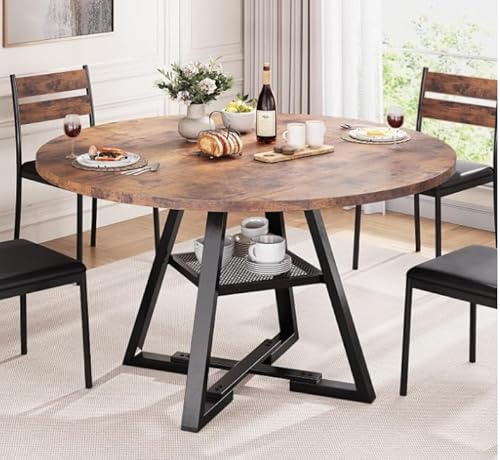 Henunem Table à manger ronde en bois pour 4 à 6 personnes, 120 cm, avec 1 étagère ouverte pour salle à manger, cuisine, salon, foncé + kaki (120 × 75 m)
