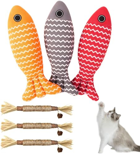 Katzenminze Spielzeug 6 Stück,Dancepandas 3 Katzenminze Sticks,3 Katzenspielzeug Fisch,Katzenminze Kissen,Katzenspielzeug für Katzen Spielen und Kauen,Zähne Reinigung