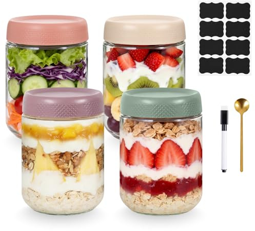 Overnight Oats Jar, 4 Pack 500ml/16oz Glass Container with Lids Leakproof Overnight Oats Container, Glass Jars for Overnight Oats, Yogurt Pot, for Homemade Cereals Milk Fruit Condiment Dressing (A)