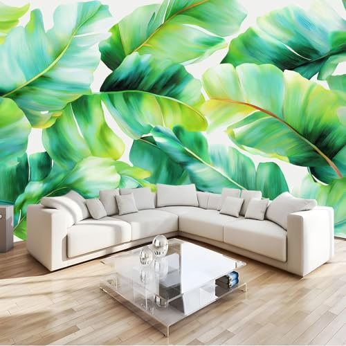 Vert Olive Papier peint photo en non-tissé - 300 x 210 cm 3D Poster Geant Mural Motif Aquarelle Vintage Plantes Feuilles De Bananier, Décoration murale pour salon chambre à coucher restaurant