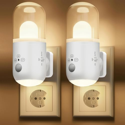 SuglanBee Nachtlicht Steckdose mit Bewegungsmelder & Dämmerungssensor | 3 Farbtemperaturen，RGB 8 Modi ,5 Helligkeitsstufen (20-240 LM) für Flur Treppe Schlafzimmer Wohnzimmer(Weiß 2Stück)