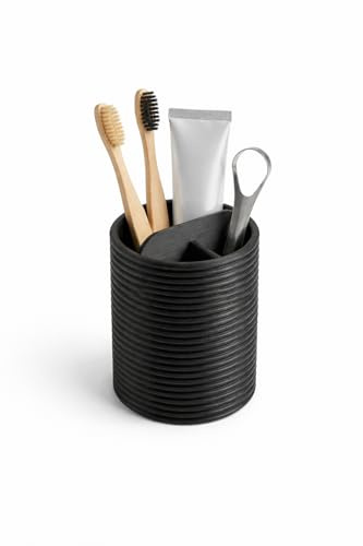 DEVA II Zahnbürstenhalter – Moderner Badezimmer Organizer mit Trennfächern – Mattes Design mit Rillenstruktur – Ordnung & Stil für Waschbecken & Bad (Schwarz)