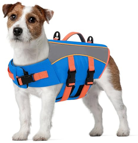 CITÉTOILE Giubbotto Salvagente per Cani - Giacca Galleggiante Riflettente con Maniglia, Galleggianti e Cinture Regolabili per Sicurezza in Acqua, Piscina, Blu, XS